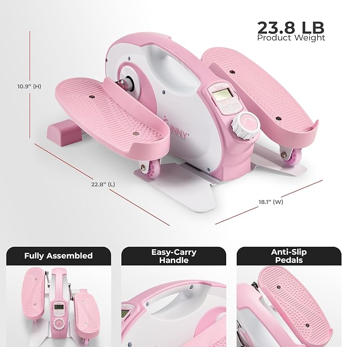 Sunny Health & Fitness Sitting Under Desk Elliptical Exerciser, Portable Pedal Training Machine for Senior Exercise, Peddler for Home Workout, Optional Free SunnyFit App, Magnetic, Motorized & In Pink