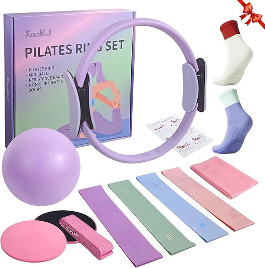 Women's Home Pilates Set: Pilates Ring and Ball Combo with 4 Silicone Resistance Bands, 2 Pairs of Yoga Socks - Compact Shaping Fitness Essentials Starter Kit Accessories Set