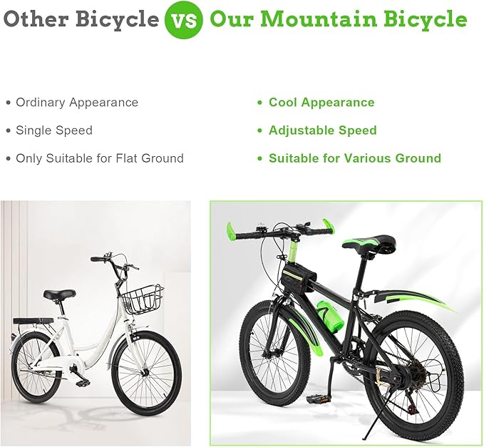 20 Inch Child City Bike, 7 Speeds Adjustable Height High Carbon Steel Kids Mountain Bike, Double Disc Brake Bicycle, Green