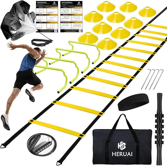 Agility Ladder Speed Training Equipment Set, 20ft Speed Ladder, 4 Hurdles, 10 Speed Cones, Running Parachute, Football Basketball Soccer Training Equipment for Kids Youth Adults - Enhance Speed