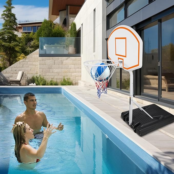 Pool Basketball Hoop, Adjustable Poolside Basketball Hoop with Wheels, Outdoor Height Adjustable Swimming Pool Basketball Goal Set, Perfect for Swimming Pool & Home Play