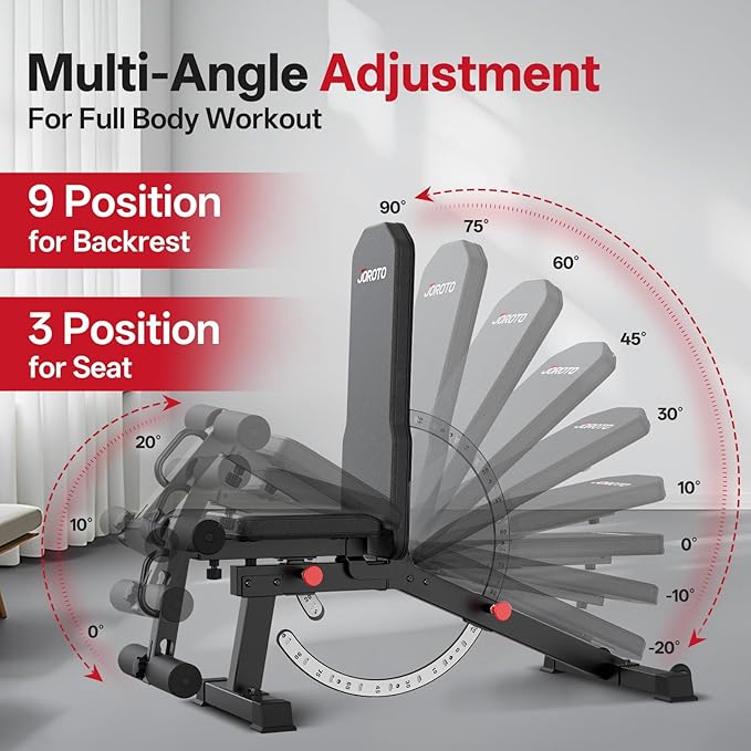 JOROTO MD65 Adjustable Weight Bench, 1700LB Heavy Duty Workout Bench for Home Gym, Flat Incline Decline Sit Up Utility Bench Press with 9 Backrest and 3 Seat Positions, Removable Leg Support and Wheels