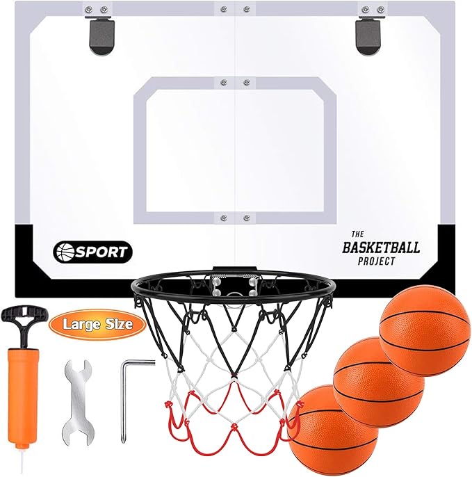 Large Indoor Mini Basketball Hoop Set for Kids and Adult 24 X 16 Inch Board Family Games for Home and Office Door & Wall with 3 Balls and Complete Accessories, Basketball Toy Gift for Boys Girls Teens