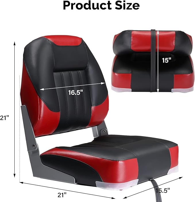 PEXMOR Boat Seats Low/High Back, Folding Boat Seat Included, Fold-Down Fishing Boat Seats Waterproof Captain Boat Seat w/Aluminum Hinges & Thick Soft Cushion, 2 Packs (Low Back-Red & Black)