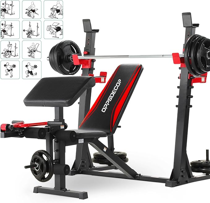 OPPSDECOR Professional Weight Bench Set with Barbell/Squat Rack, 900LBS Heavy Duty Bench Press Set with Leg Curl/Extension and Preacher Curl, Adjustable Full-Body Workout Bench for Home Gym Fitness