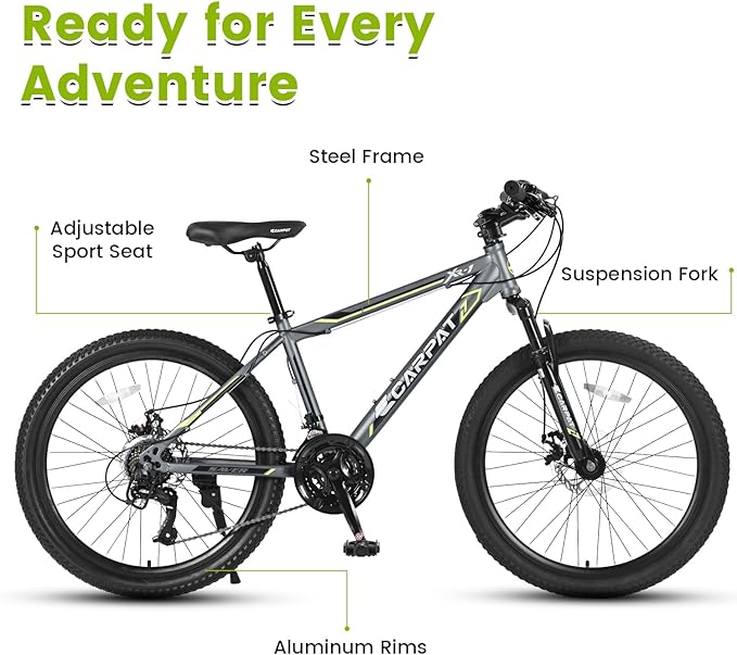24/26 Inch Mountain Bike, 21 Speed Mountain Bicycle with High Carbon Steel Frame, Dual Disc Brakes and Front Suspension, MTB Bike for Adult Teenagers Boys Girls