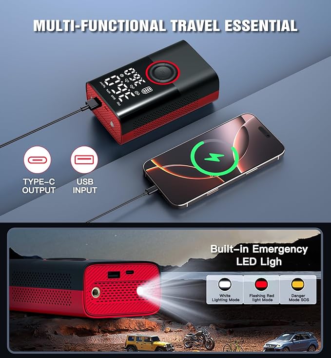 Tire Inflator Portable Air Compressor Portable Cordless Mini Air Pump with Digital Pressure Gauge Inflater 150PSI Fast Inflation and Auto Shutoff Function Tires Pump for Cars Motorcycles Bikes (Red๏ผ