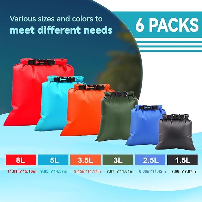 6PCS Dry Bags Waterproof, Lightweight Dry Bags for Kayaking Waterproof,Outdoor Waterproof Bag for Kayaking Hiking Boating Camping