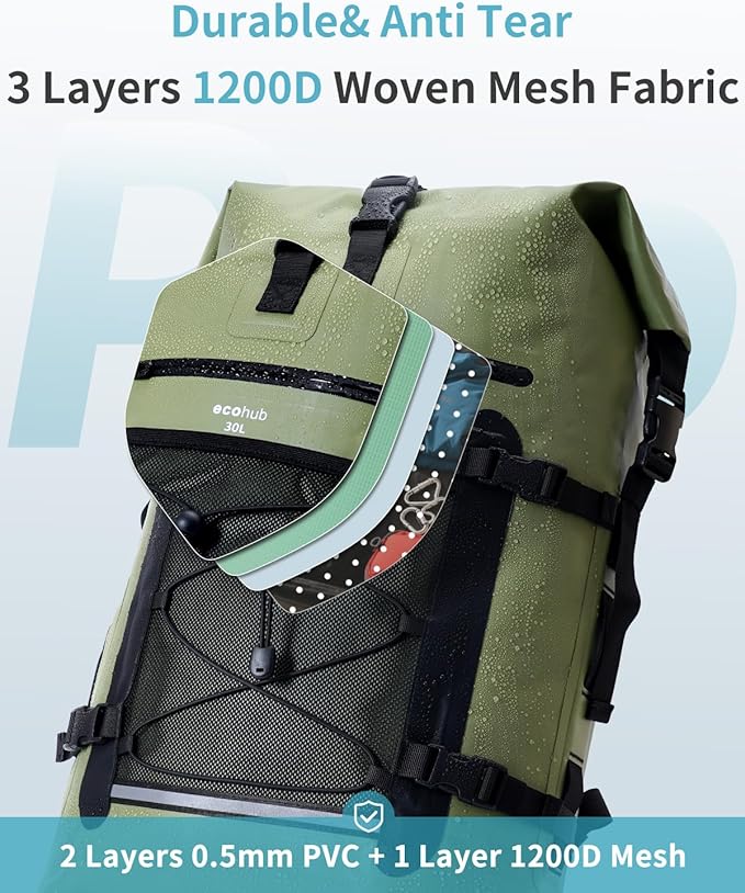 ECOHUB Waterproof Backpack for Women Men, 30L Roll-Top Closure Heavy Duty Dry Bag for Travel with IPX8 Waterproof Phone Case