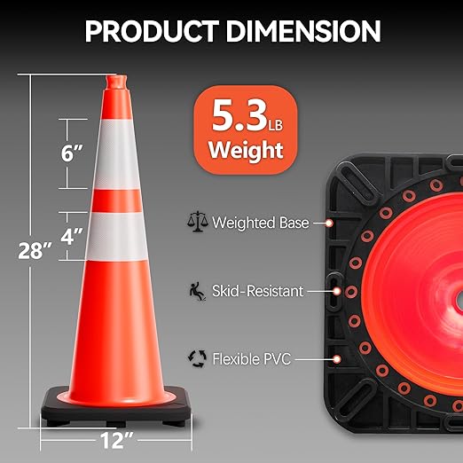 28 Inch Traffic Cones with Heavy Weighted Base (8 Pack) - Orange Safety Cones with Reflective Collars for Parking Lots, Road Construction, and Event Control