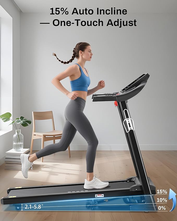 Incline Treadmill, Treadmill with 15% Auto Incline, 3.0HP, 300 lbs Capacity, Bluetooth APP, Shock Absorbing Design for Home Use