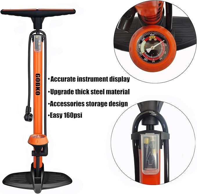 GOBKO Bike Pump with Gauge,Bicycle Floor Pump for Presta and Schrader Valves Bike Tire Pumps Inflator High Pressure 160PSI & 11BAR Portable Air Pump for Road Bike Car MTB Sports Balls