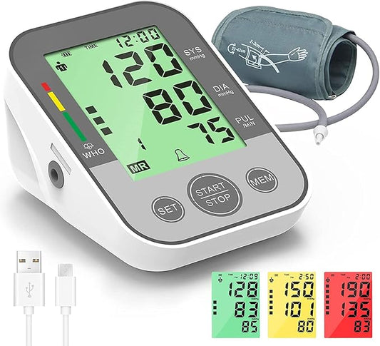 Blood Pressure Monitor Upper Arm Blood Pressure Machine for Home Use BP Cuff Kit, Large 3-Color 3.4'' Display with Backlight,Pulse Rate Detection Meter with Cuff 22-42cm/2×99 Sets Memory (Gray)