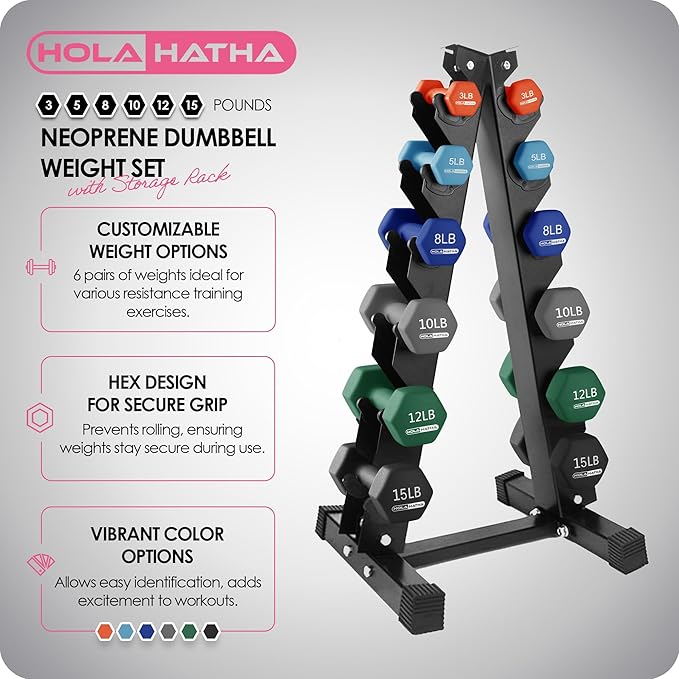 HolaHatha 2, 3, 5, 8, and 10 Pound Neoprene Dumbbell Free Hand Weight Set with Rack, Ideal for Home Exercises to Gain Tone and Definition, Pastel