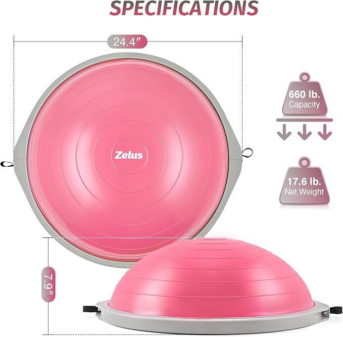 ZELUS 25in. Balance Ball | 660lb Inflatable Half Exercise Ball Wobble Board Balance Trainer w Nonslip Base | Half Yoga Ball Strength Training Equipment w 2 Bands, Pump, Extra Ball Included