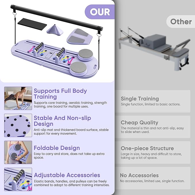 Pilates Board, Pilates Portable Reformer Machine 2025 for Home Workout, 7 in 1 Multifunctional Abdominal Board, Foldable Abs Trainer Machine, Pilates Core Workout Equipment for Women