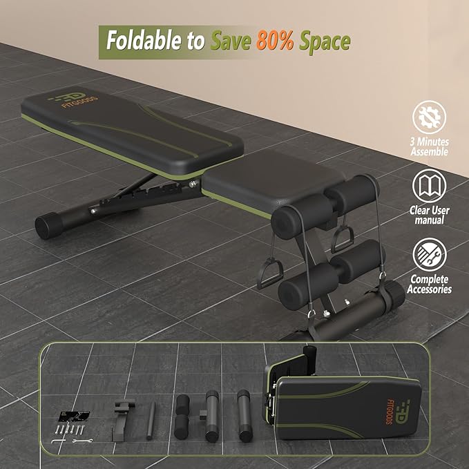 Adjustable Weight Bench for Home Gym, Foldable 700LBS Workout Bench with 9 Backrests, Multi-Purpose Bench Press for Incline Decline Flat with Fast Adjustment (2 resistance bands)