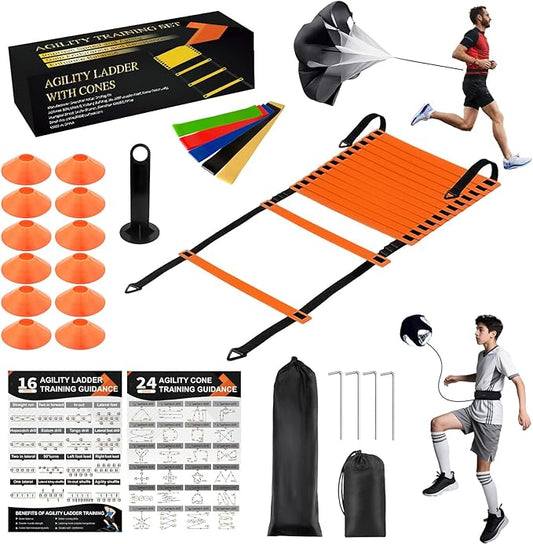 Agility Ladder Soccer Training Equipment Set, 20ft 12 Rung, 12 Soccer Cones, Resistance Parachute, Soccer Kick Trainer, 5 Resistance Bands, Football Training Equipment for Kids Adults