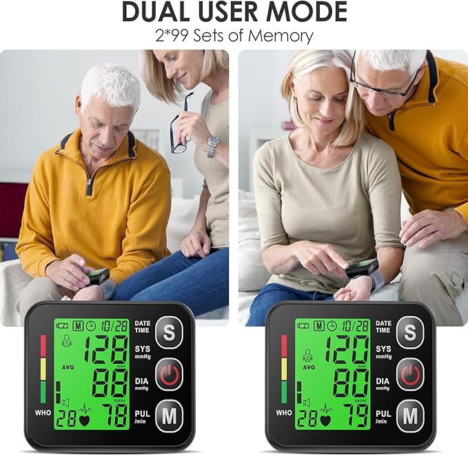 Wrist Blood Pressure Monitor -Bp Monitor, Automatic Blood Pressure Cuff 13.5-19.5 cm, High Accuracy, Backlit LCD Screen - 2 * 99 Sets of Memory for Home/Travel/Office Use