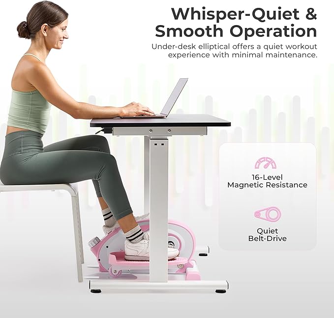 Sunny Health & Fitness Sitting Under Desk Elliptical Exerciser, Portable Pedal Training Machine for Senior Exercise, Peddler for Home Workout, Optional Free SunnyFit App, Magnetic, Motorized & In Pink