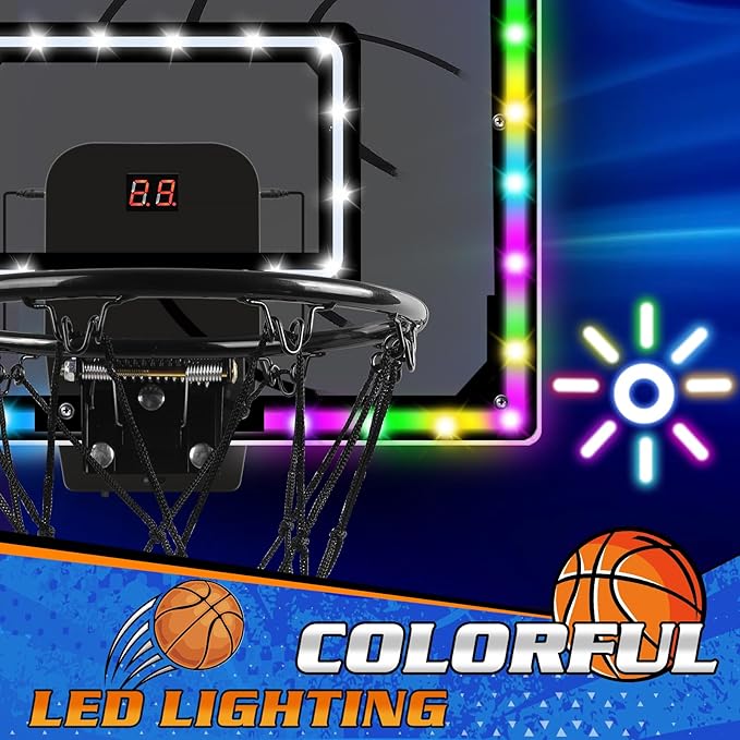 Mini Basketball Hoop Indoor with Scorer and Batteries, Indoor Basketball Hoop Over The Door with Colorful LED Lighting, Toy Basketball Set for Boys Girls Age 3 4 5 6 7 8