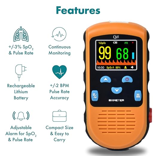 CMI Health Rechargeable Pulse Oximeter - Continuous Children Monitoring (33 to 88 lbs) & Adult Finger Spot-Checking - Adjustable Alarm for Pulse Rate and SpO2 Levels - Carry Case