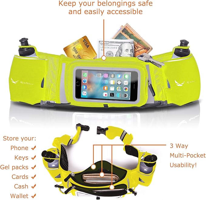 No.1 Hydration Belt by Runtasty - Premium Running Fuel Belt w/2 BPA-Free 10 oz Water Bottles, Tilt-Up Pocket w/Touchscreen-Ready Cover - Fits All iPhones, Runners Ebook & No-Bounce Design