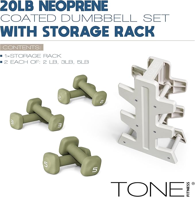 Tone Fitness Neoprene Dumbbell Set with Storage Rack – Non-Slip, Anti-Roll Hand Weights for Home Gym Workouts | 20 lb, 32 lb, & 50 lb Options