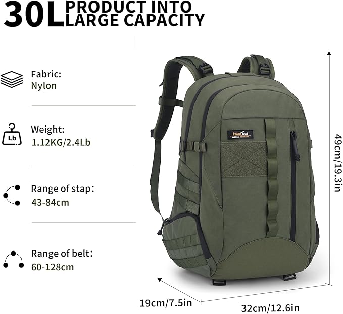 WindTook 30L Military Tactical Backpack for Men and Women,Molle Hiking daypacks Assault Pack 3 Day Bug Out Bag for Camping Travel Army Hunting Gym Rucksack Survival (Green)