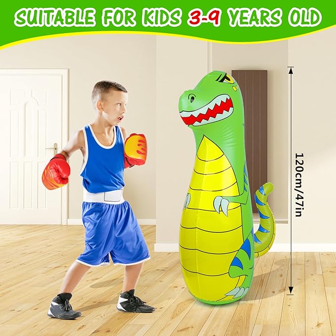 Punching Bag for Kids 47" Inflatable Dinosaur Bop Bag with Thicker Material Instant Bounce Back with Boxing Gloves Karate Kickboxing Taekwondo Kids Gift for Age 3-9 Girls & Boys