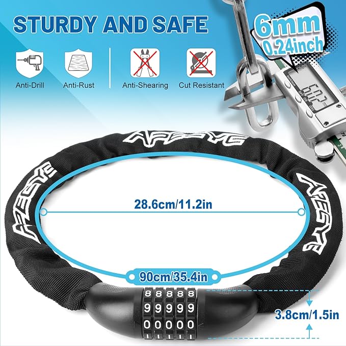 Heavy Duty Bike Chain Lock – 5 Digit Combination Anti-Theft Bicycle Lock, 3FT/4FT/5FT Hardened Steel Square Links for E-Bike, Motorcycle, Scooter, Gate