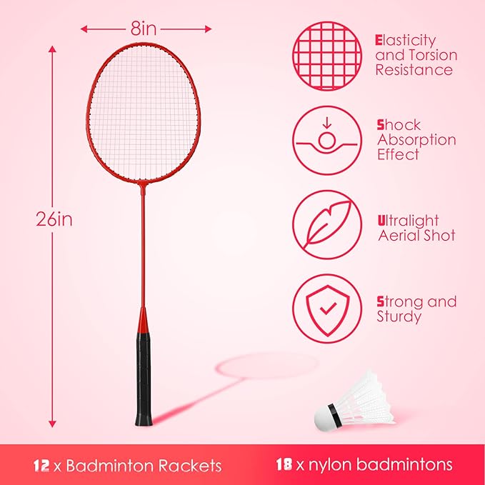 Wettarn 12 Pcs Badminton Rackets Bulk with 18 Nylon Badmintons, Shuttle Set for Adults Teenagers Youth Beginners Advanced Player Backyard Gym Beach Outdoor