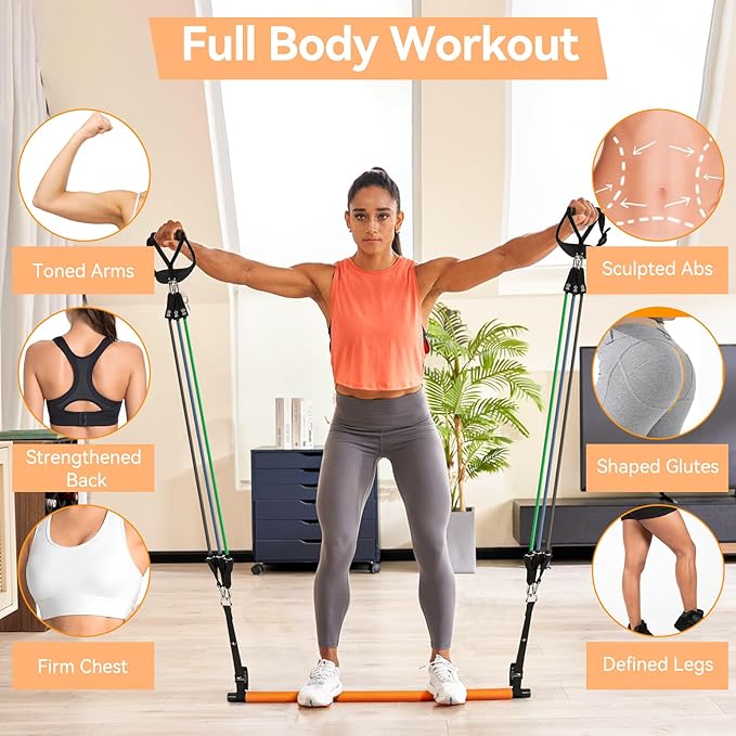 Hommie Portable Pilates Bar Kit with Resistance Bands for Men and Women,Upgraded 3 Section Pilates Bar with Resistance Bands (20-60lb) for Home Gym Equipment Supports Full-Body