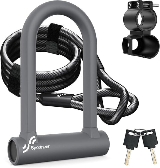 Sportneer Bike Lock - Heavy Duty Anti Theft Bike U Lock with 5ft Security Steel Cable - 17mm Shackle Bicycle U-Locks with Keys & Sturdy Mounting Bracket for Road, Mountain, Electric Bike, Grey