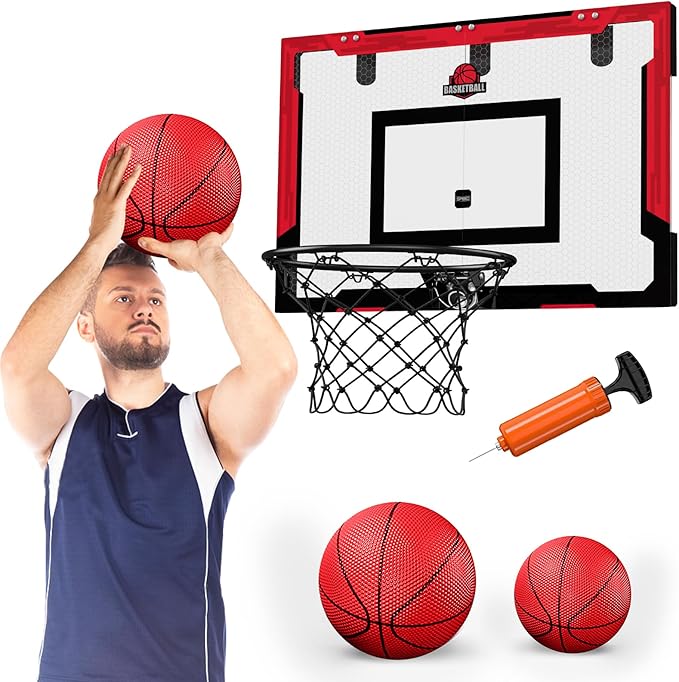 24" x 16" Large Basketball Hoop Indoor for Adults, Over The Door Basketball Hoop with Sturdy Backboard, Big Basketball Toys Gifts Ideas for Man Kids Teens Boys Girls, Red