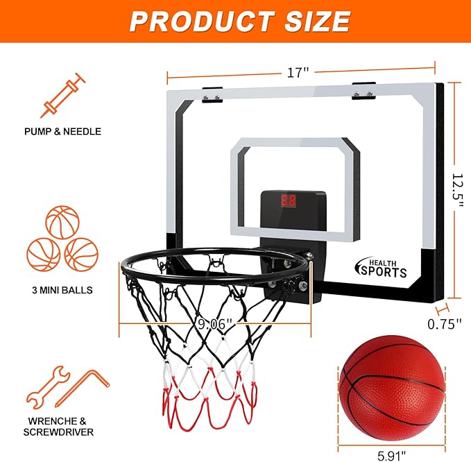 Mini Basketball Hoop Indoor with Scorer and Batteries, Indoor Basketball Hoop Over The Door with Colorful LED Lighting, Toy Basketball Set for Boys Girls Age 3 4 5 6 7 8