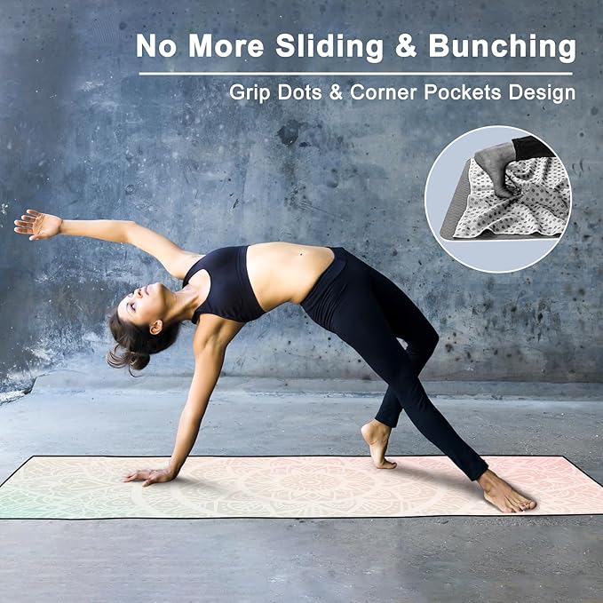 Colorful Star Yoga Towel with Corner Pockets, Non Slip Grip Dots Sweat Absorbent Hot Yoga Mat Towels, Soft Yoga Blankets with Travel Bag, Mat Cover for Workout, Gym, Fitness - 70"x26", Pink Mandala