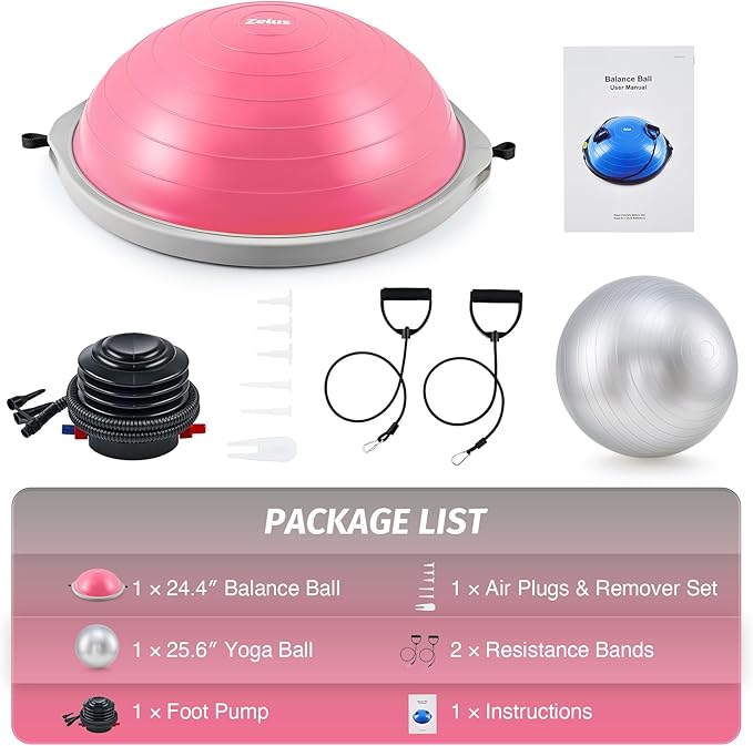 ZELUS 25in. Balance Ball | 660lb Inflatable Half Exercise Ball Wobble Board Balance Trainer w Nonslip Base | Half Yoga Ball Strength Training Equipment w 2 Bands, Pump, Extra Ball Included