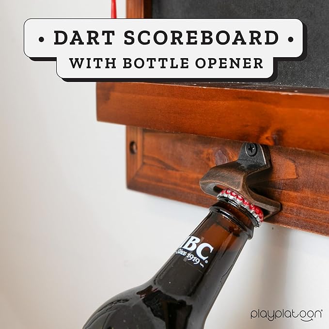 Play Platoon Dart Scoreboard & Darts Holder Wall Mount with Bottle Opener - Wood Score Board, Professional Darts Accessories, Dart Holder