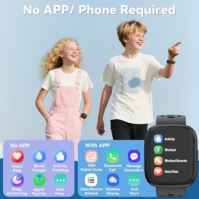 Fitness Tracker for Kids No APP No Phone Needed, Compatible with Apple Find My, 1.83" Smart Watch, Heart Rate, Sleep Monitor, IP68 Waterproof, Step Counter, Puzzle Games for Girls Boys Teens 5-16