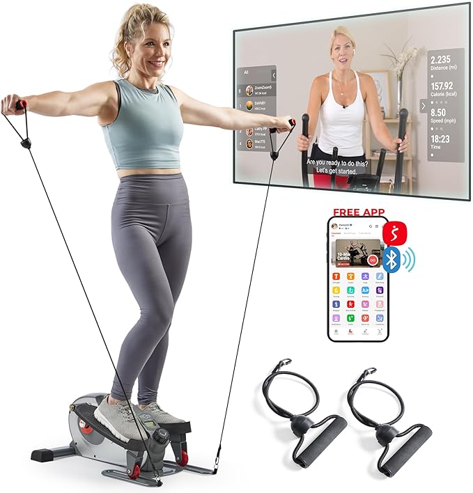 Sunny Health & Fitness 2-in-1 Sit/Stand Mini Elliptical Machine, Portable Under Desk Peddler Exerciser for Senior Home Workout, Optional Free Sunnyfit App Bluetooth Link, Handlebars or Resistance Band