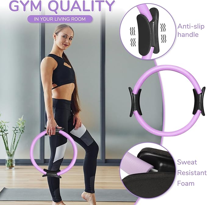 TOPZGLEEY Pilates Ring Set โ 14" Anti-Deformation Magic Circle with Padded Handles, Mini Ball, 5 Resistance Bands, Guide, Pilates Equipment for Home Workout