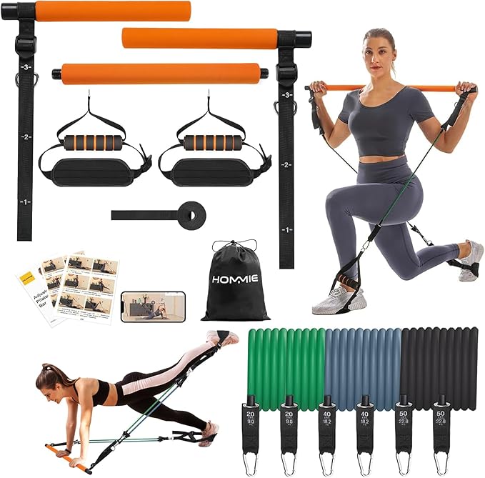 Hommie Portable Pilates Bar Kit with Resistance Bands for Men and Women,Upgraded 3 Section Pilates Bar with Resistance Bands (20-60lb) for Home Gym Equipment Supports Full-Body