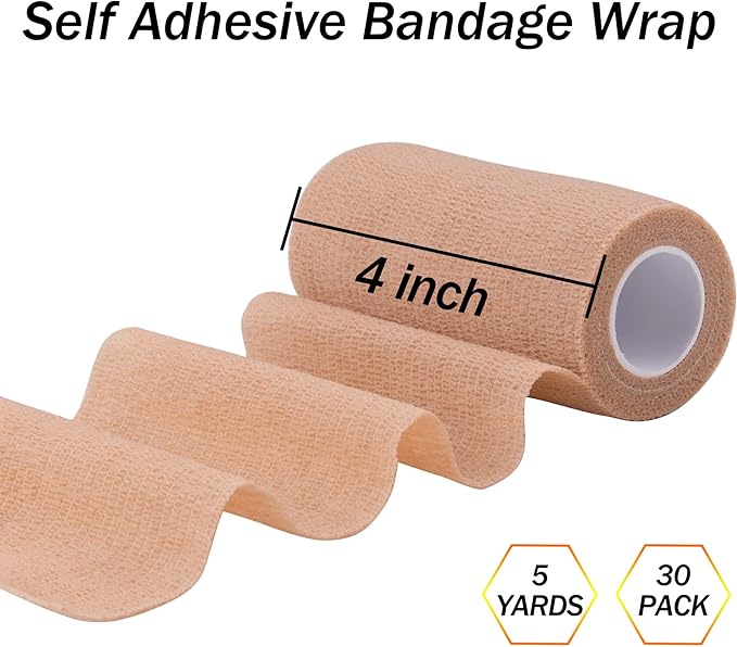 BQTQ 30 Rolls Self Adhesive Bandage Wrap 4 Inch Self Adherent Wrap Stretch Bandages Wound Wrap Self Stick Bandage Wrap Tape for Wrist Ankle Swelling Sprains (Beige)