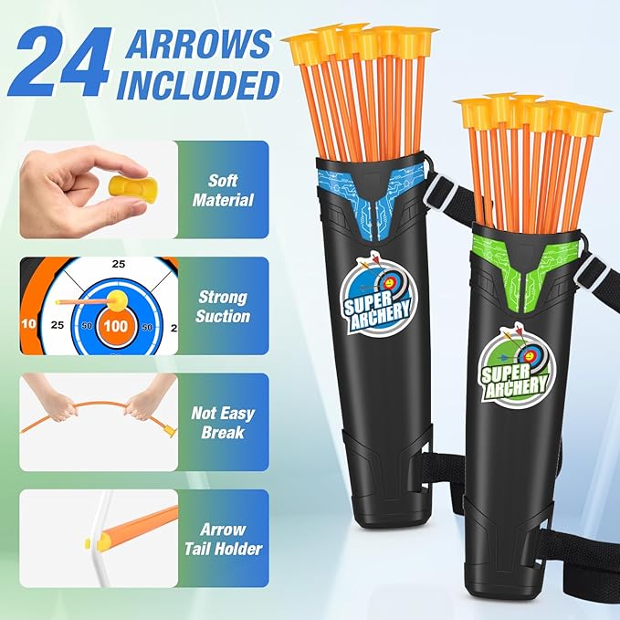 2 Pack Bow and Arrow with Moving Target for Kids, LED Light Up Archery Set with 24 Suction Cup Arrows, 6 Score Targets & 2 Quiver, Indoor Outdoor Sport Gifts for Boys Girls Ages 4-12