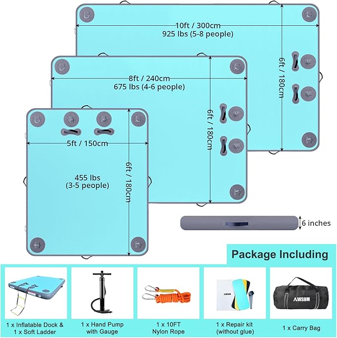 AWSUM Inflatable Floating Dock Air Dock Platform, 6ft/8ft Non-Slip Inflatable Water Mat Floating Island Raft for Lake Pool Beach Ocean