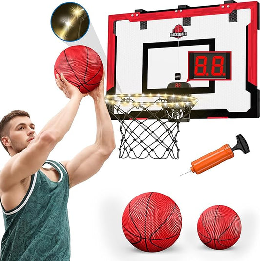 24" x 16" Large Basketball Hoop Indoor for Adults, Over The Door Basketball Hoop with Electronic Scoreboard/LED Rim, Big Basketball Toys Gifts Ideas for Man Kids Teens Boys Girls, Red