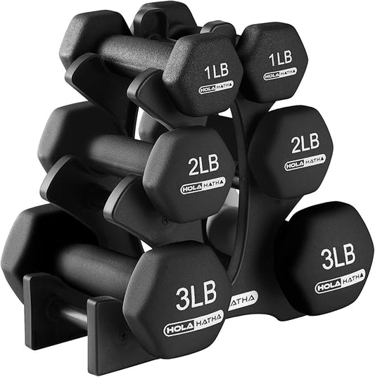 HolaHatha 2, 3, 5, 8, and 10 Pound Neoprene Dumbbell Free Hand Weight Set with Rack, Ideal for Home Exercises to Gain Tone and Definition, Pastel