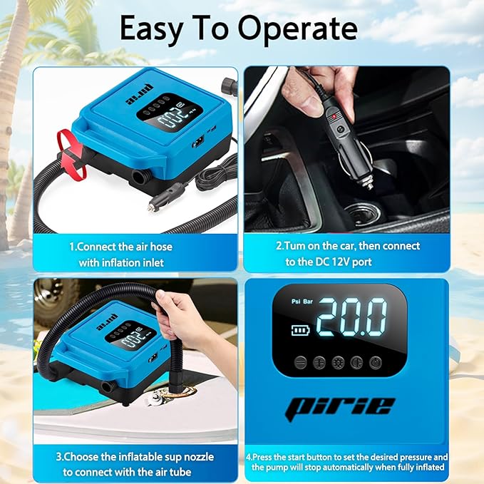 PIRIE Electric Paddle Board Pump,with Auto-Off Intelligent Dual-Stage Inflation & Deflation, for Kayaks and Boats