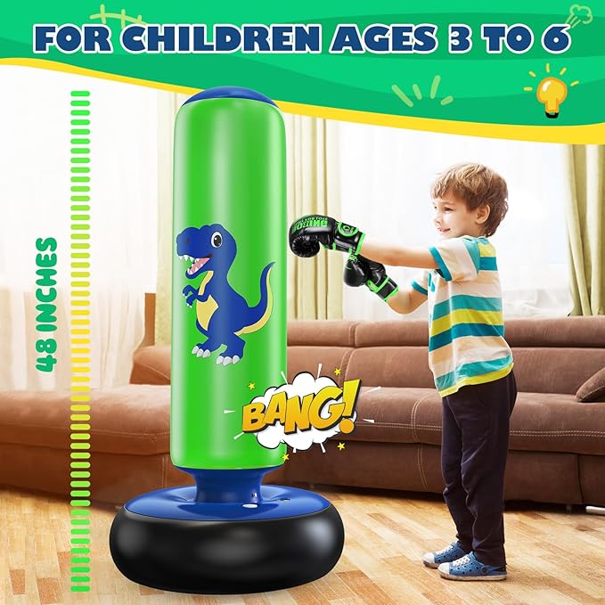 QPAU Inflatable Punching Bag, 48 Inch Stable Inflatable Boxing Bag for 3-6 Kids,Dinosaur Toy & Gifts for Boys and Girls, Kids Boxing Set for Practicing Karate, Taekwondo